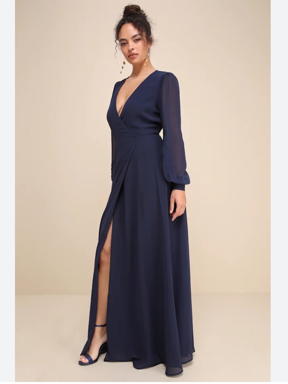 Lulus My Whole Heart Navy Blue Long Sleeve Maxi Wrap Dress size XL new - Picture 3 of 6